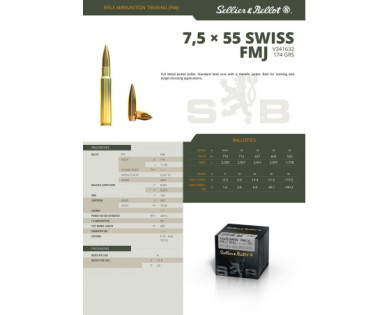Munitions Sellier & Bellot Calibre 7.5X55 SWISS 174 Grs FMJ - Boite de 50