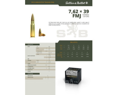 Munitions Sellier & Bellot Calibre 7.62X39 124 Grs FMJ - Boite de 50