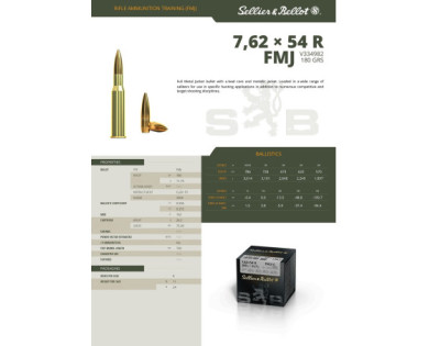 Munitions Sellier & Bellot Calibre 7.62X54R 180 Grs FMJ - Boite de 50
