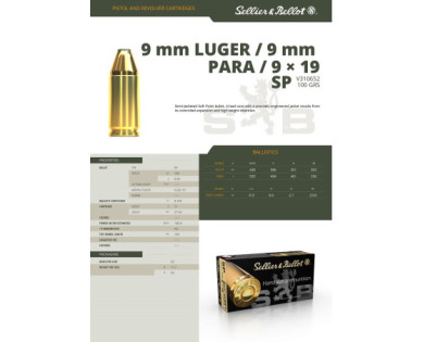 Munitions Sellier & Bellot Calibre 9X19 124 Grs SP - Boite de 50