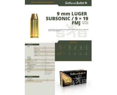 Munitions Sellier & Bellot Calibre 9X19 140 Grs FMJ SUBSONIC - Boite de 50