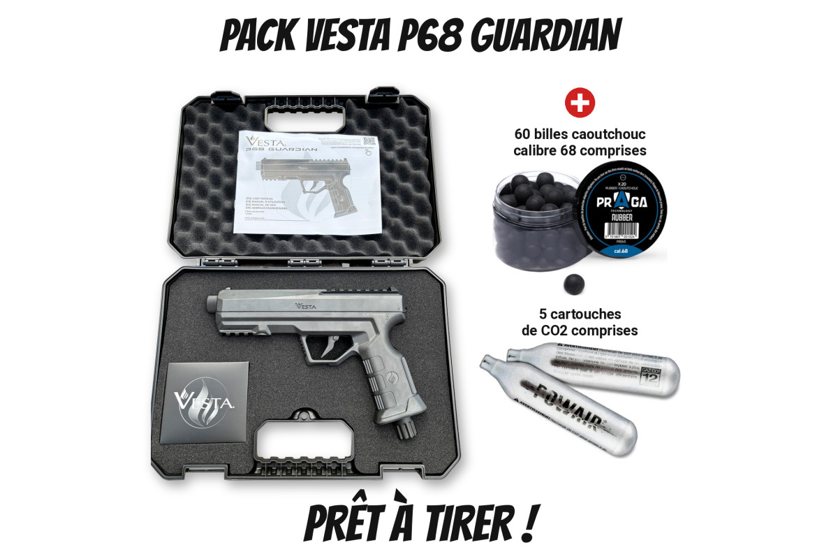 Pack pistolet de défense VESTA Guardian C68 + 60 billes + 5 cartouches CO2