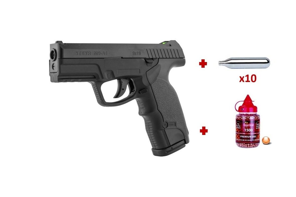 Pistolet Steyr M9 A1 4.5mm CO2 (3,3 joules) + 1500 billes BB'S + 10 cartouches de CO² Pistolet Steyr M9 A1 4.5mm CO2 (3,3 joules) + 1500 billes BB'S + 10 cartouches de CO²